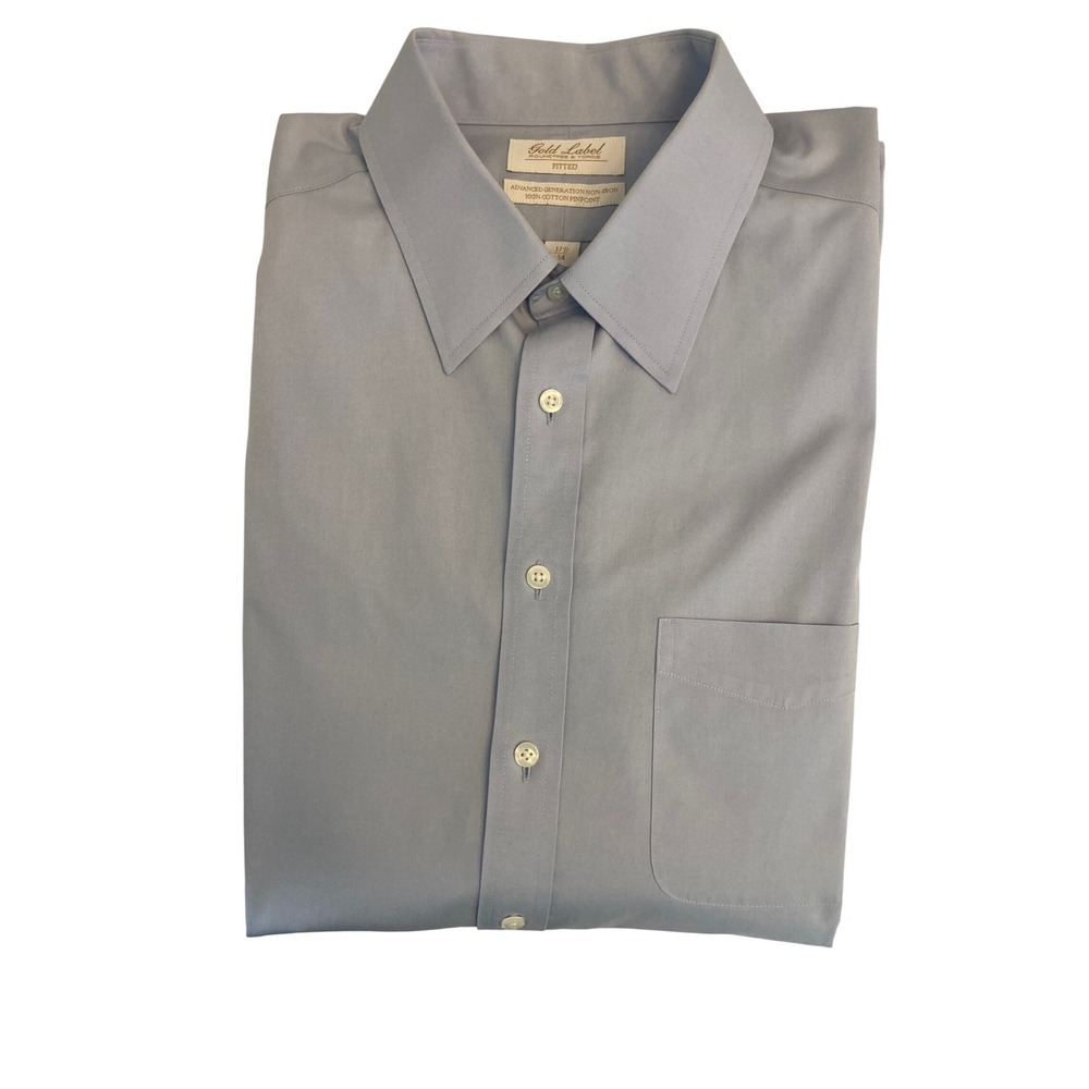 Roundtree & Yorke Gold Label Blue Non-Iron Fitted Cotton Dress Shirt 17.5 34